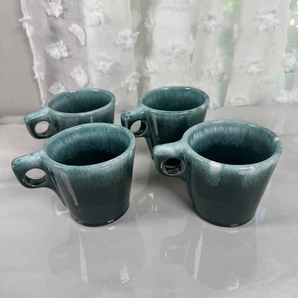 Set of 4 Vintage Midcentury Oven‎ Proof O Handle Mugs Green White USA Flawed